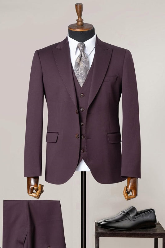 Stylish Regal Purple Peak Lapel 3 Piece Business Suit