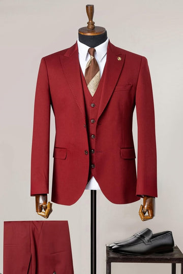 Passionate Red Peak Lapel 3 Piece Men's Cheap Formal Suit
