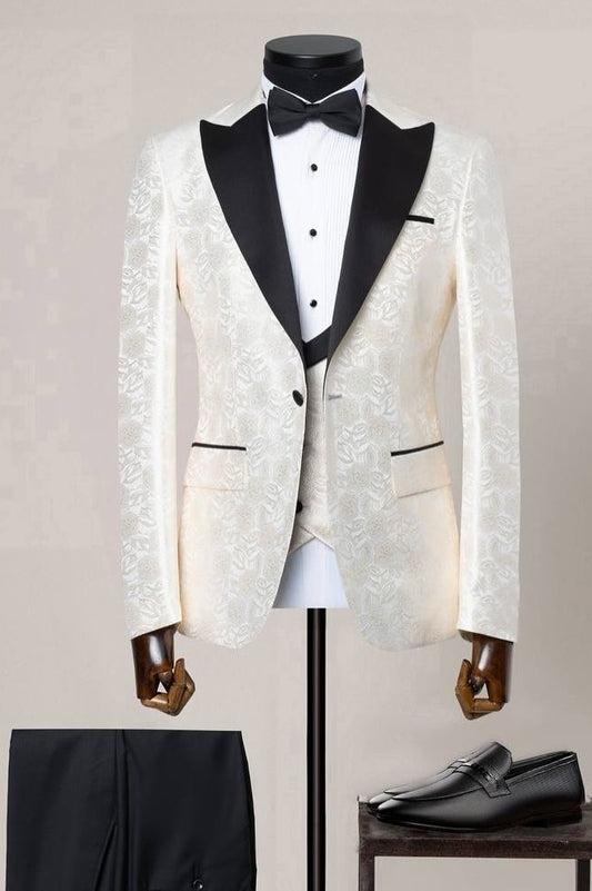 3 Piece Black Satin Peak Lapel Jacquard Wedding Groom Suit