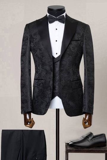 3 Piece Peak Lapel Black Jacquard Wedding Groom Suit