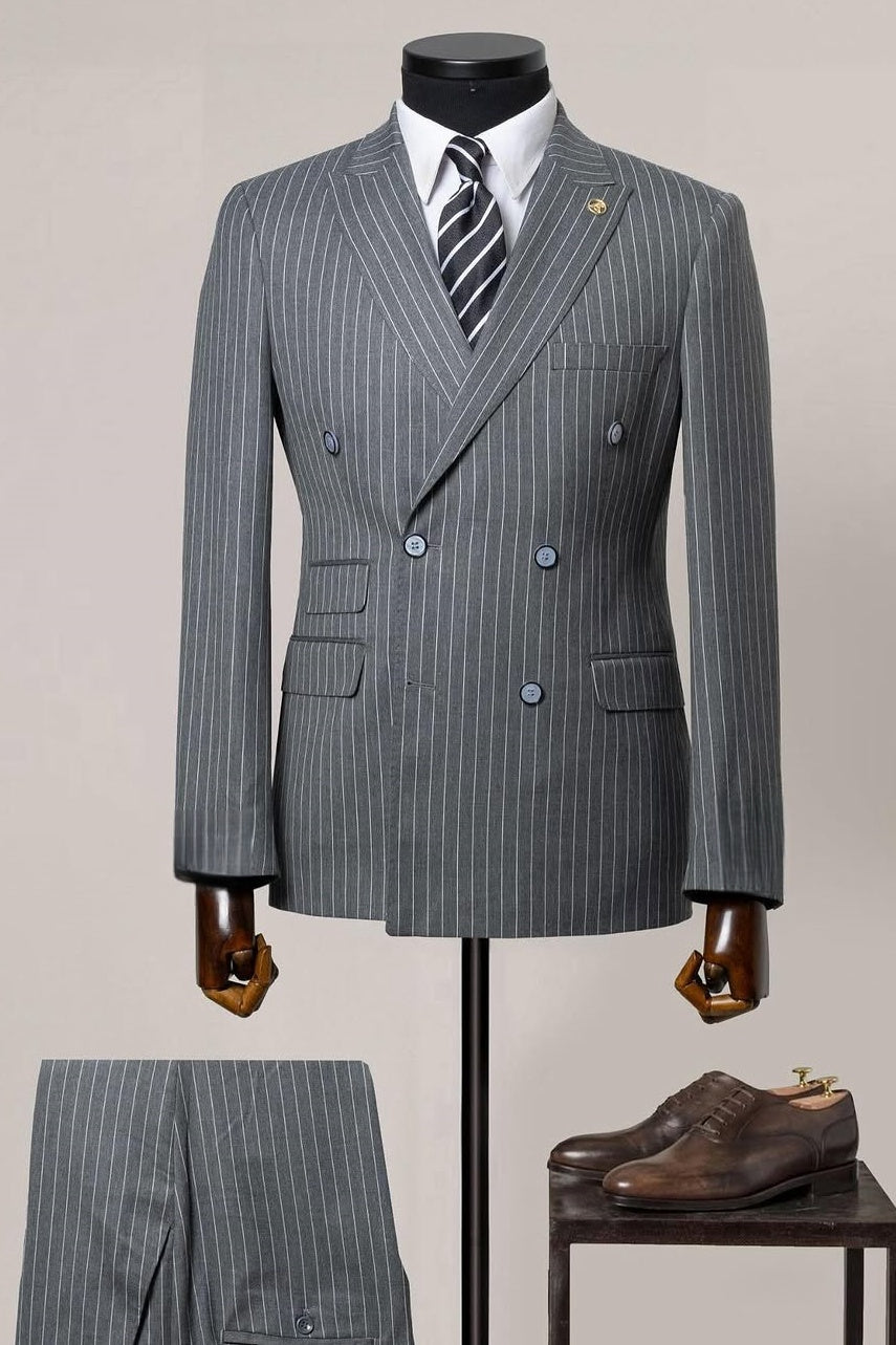 Popular Gray Pinstripe Double Breasted Men's Formal Business Suit