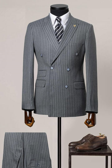 Popular Gray Pinstripe Double Breasted Men's Formal Business Suit
