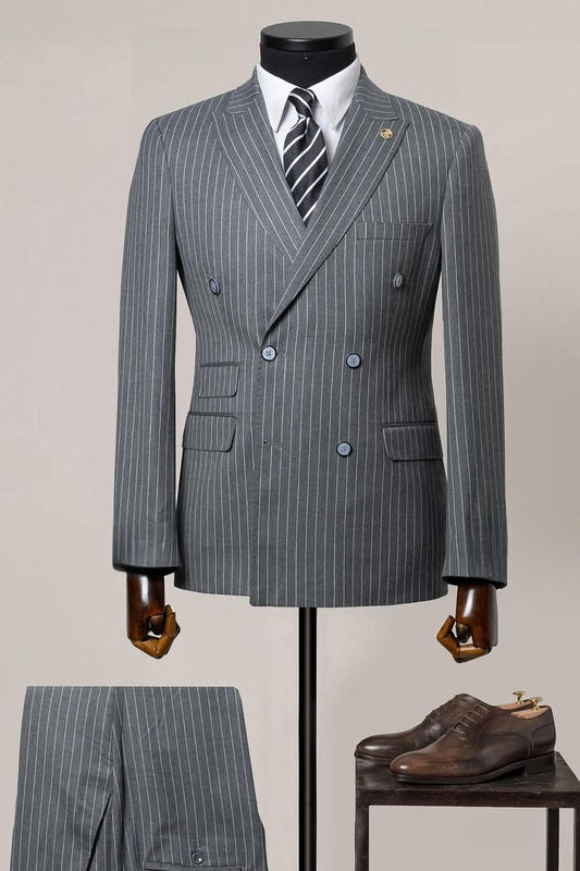 Popular Gray Pinstripe Double Breasted Men's Formal Business Suit