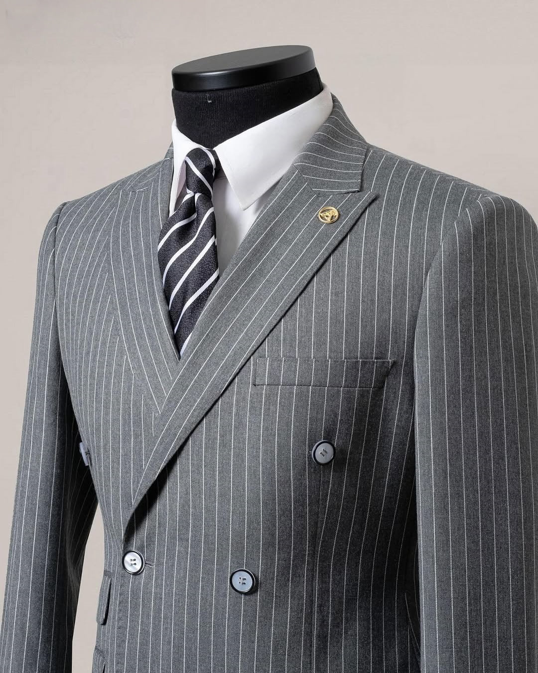 Popular Gray Pinstripe Double Breasted Men's Formal Business Suit