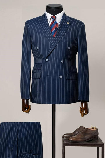 Navy Blue Pinstripe Double Breasted Men's Formal Business Suit