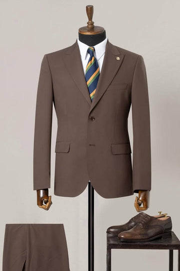 Coffee Brown Two Buttons Peak Lapel Men's Formal Suit