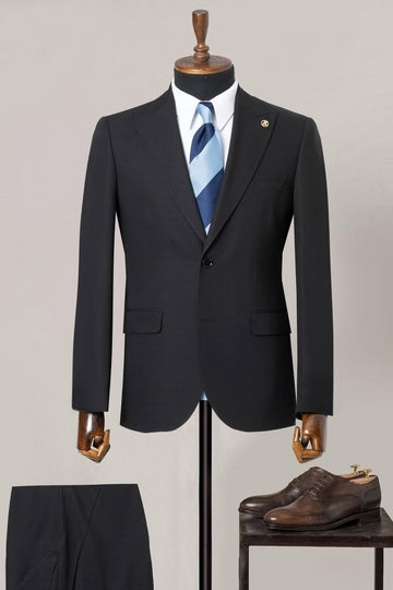 Black Two Buttons Peak Lapel Men's Business Suit Cheap