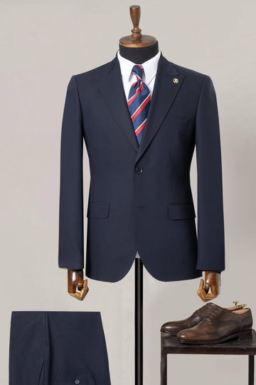 Navy Blue Two Buttons Peak Lapel Men's Business Suit Online
