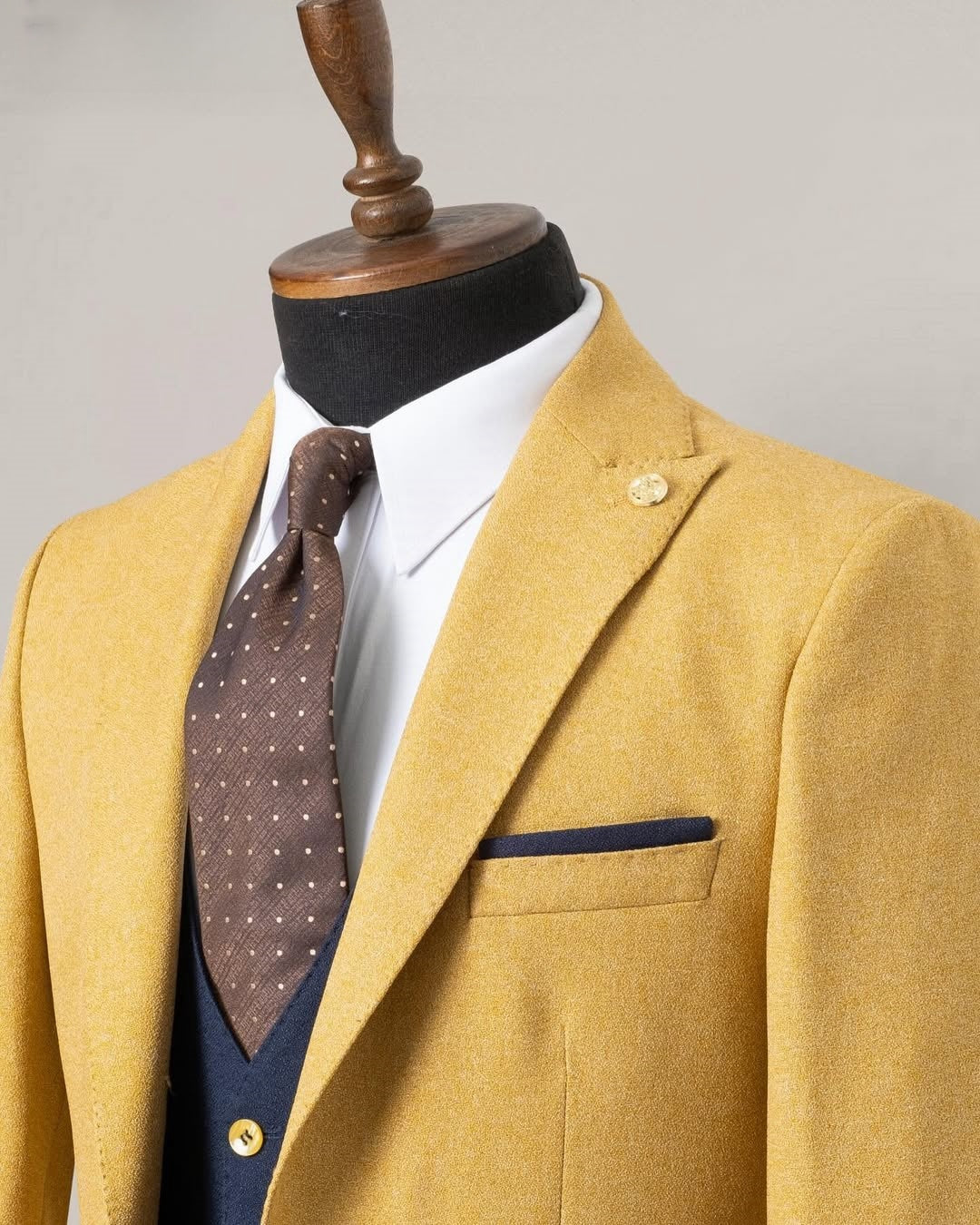 3 Piece Yellow Men's Business Suit with Navy Blue Waistcoat