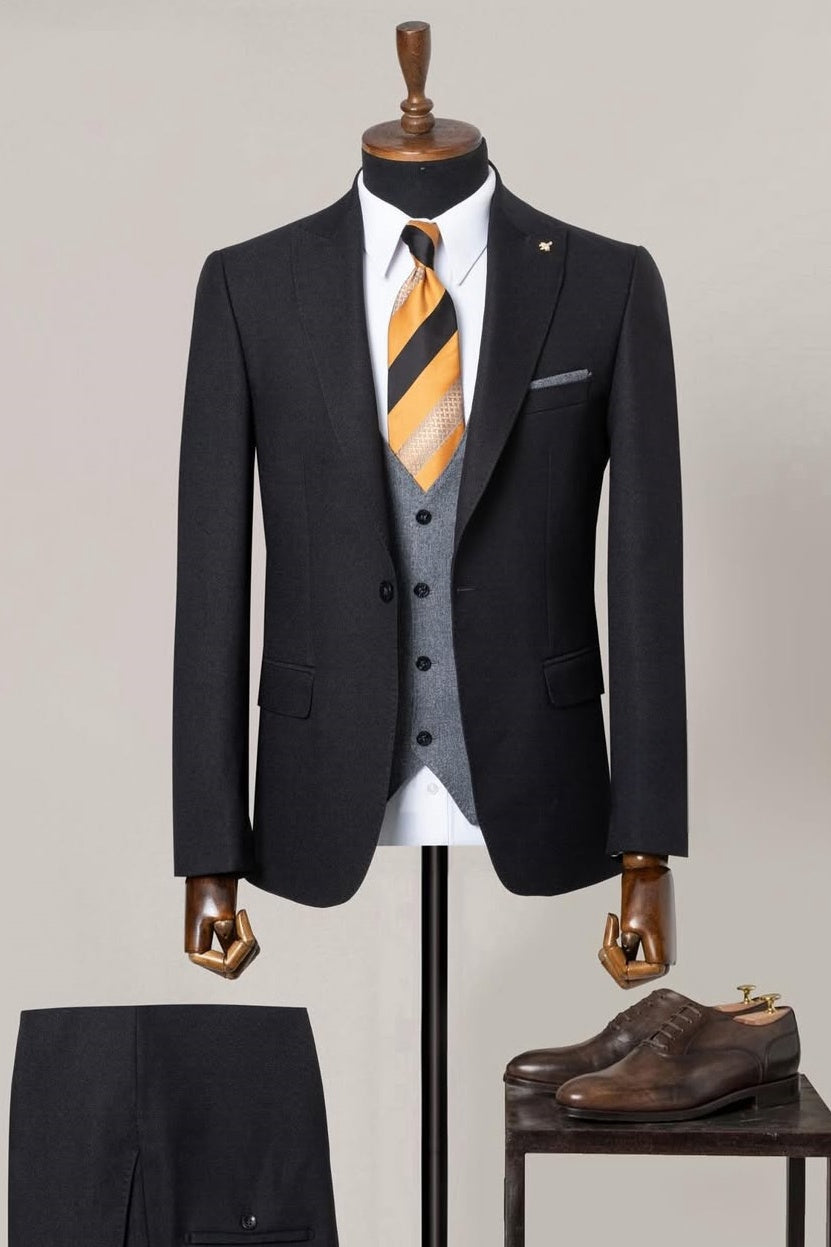 3 Piece Black Men's Business Suit with Gray Waistcoat