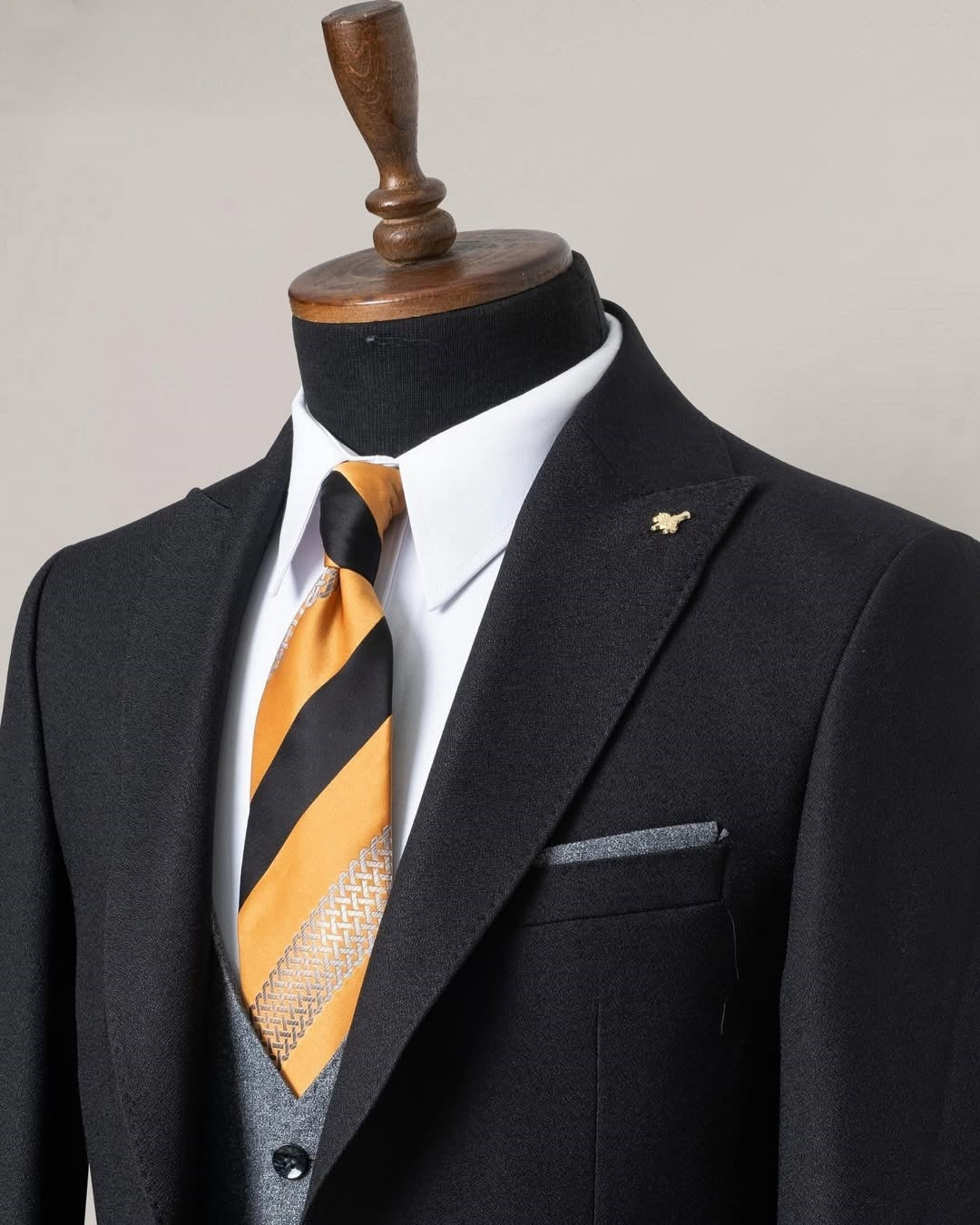 3 Piece Black Men's Business Suit with Gray Waistcoat