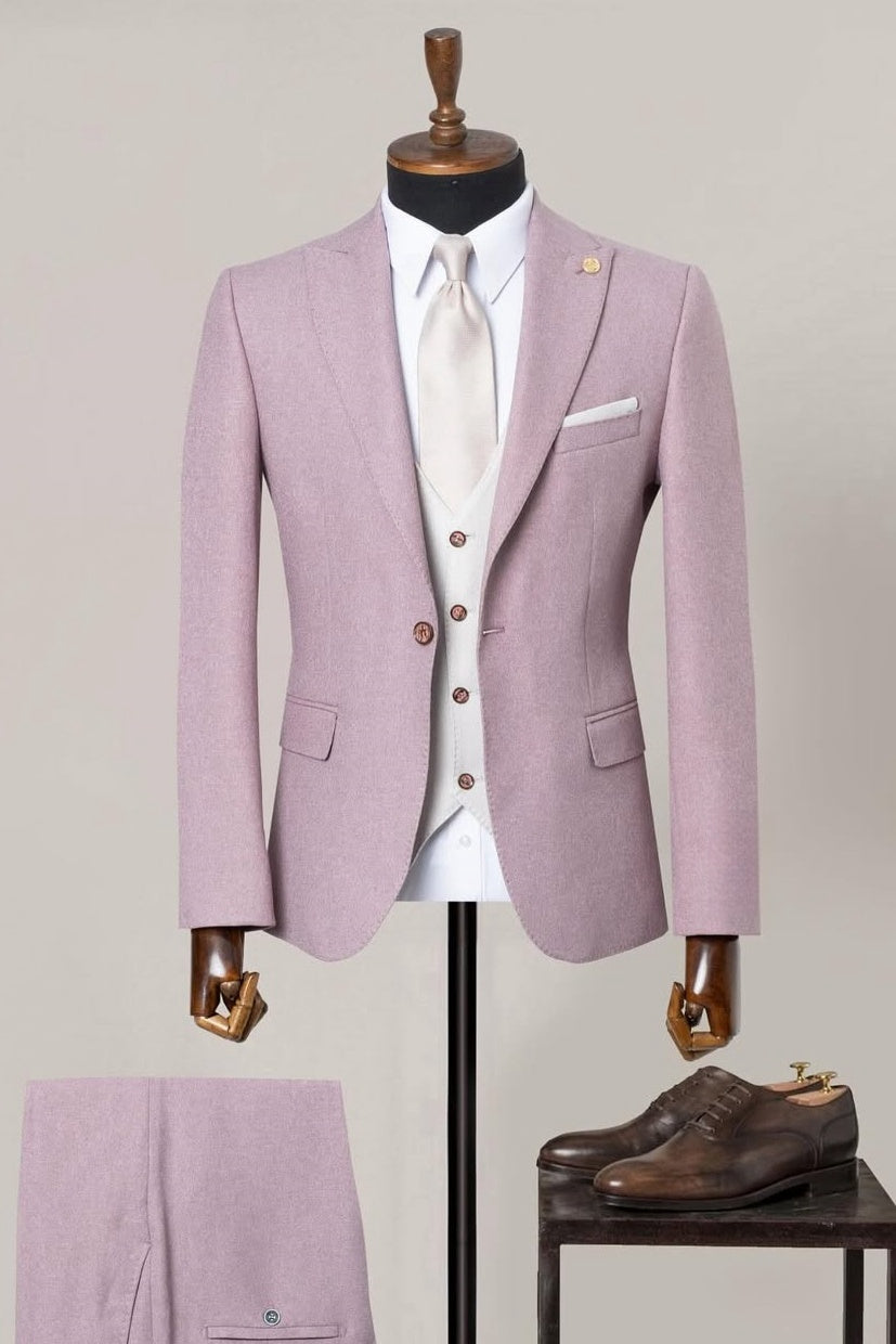 3 Piece Pink Men's Business Suit with White Waistcoat