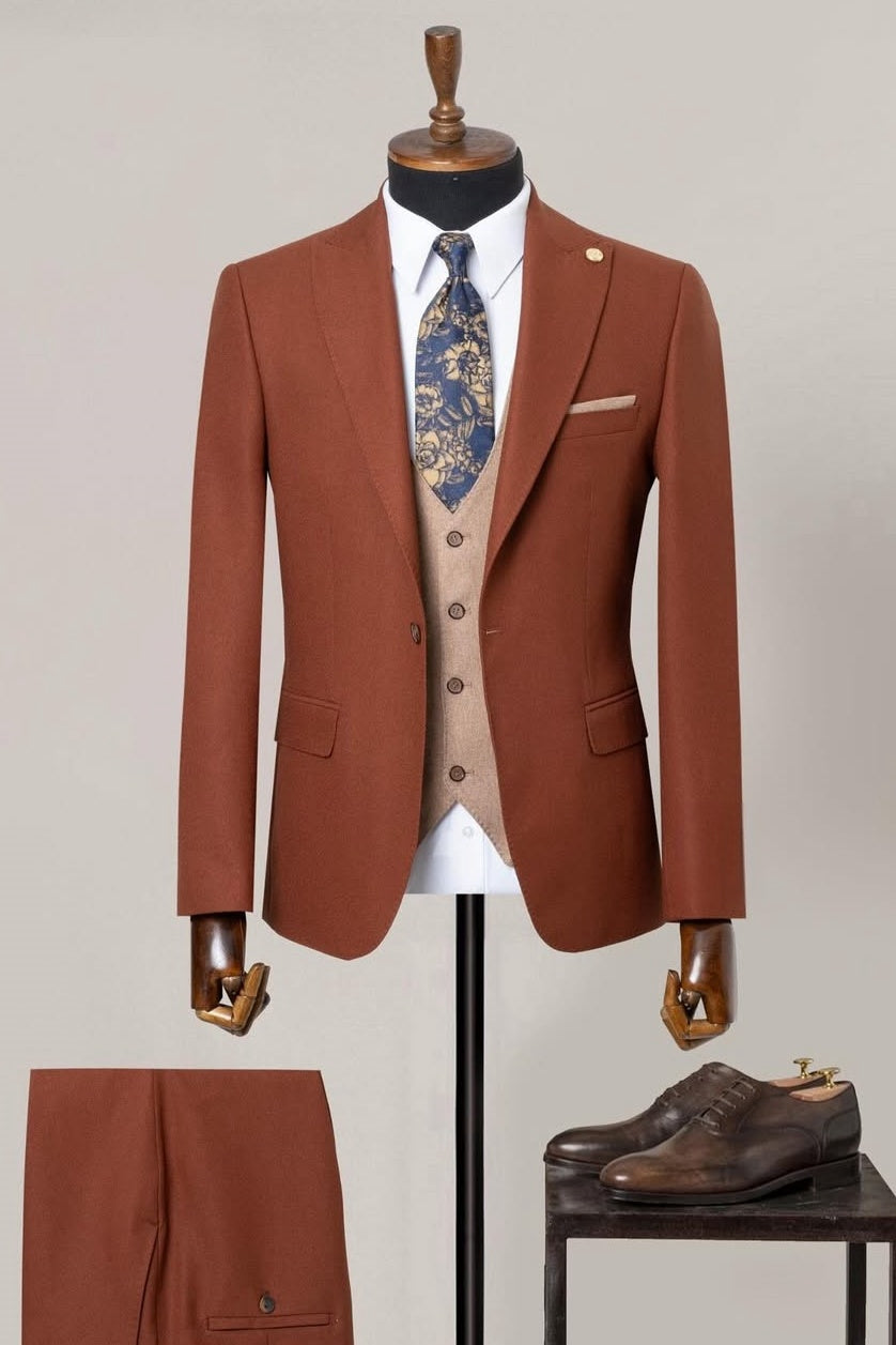 3 Piece Orange Men's Business Suit with Khaki Waistcoat