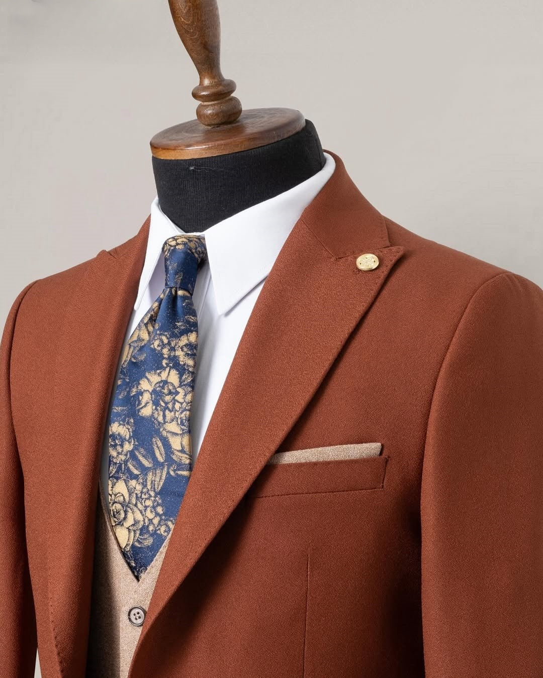 3 Piece Orange Men's Business Suit with Khaki Waistcoat
