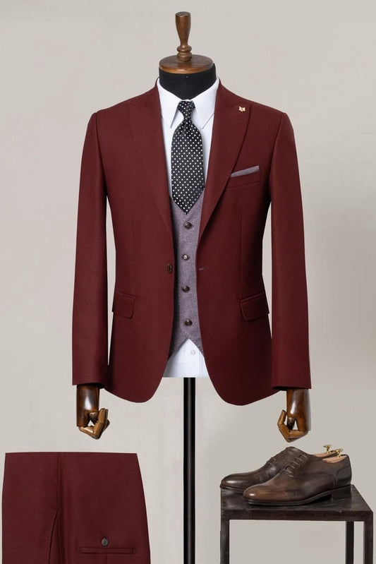 3 Piece Burgundy Men's Business Suit with Purple Waistcoat