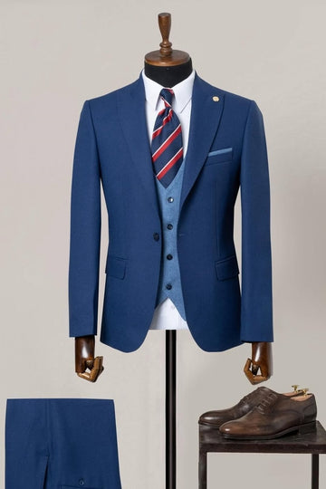 Stylish 3 Piece Blue Men's Business Suit with Waistcoat