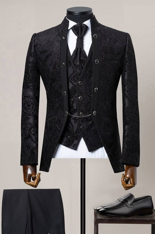 Retro Embroidery Jacquard 3 Piece Black Men's Wedding Suit with Chains