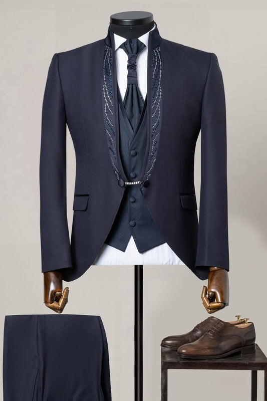 Beadings Stand-Collar 3 Piece Dark Navy Men's Wedding Suit