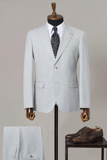 Elegant Light Gray Men's Formal Business Suit with Peak Lapel