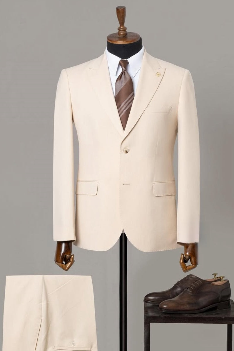 Light Khaki Men's Formal Business Suit with Flap Pockets