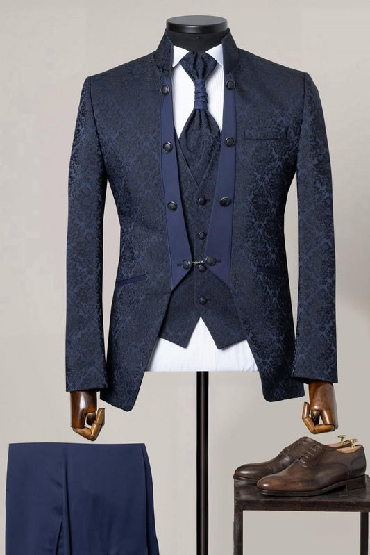 Stand-Collar 3 Piece Navy Blue Jacquard Men's Wedding Suit
