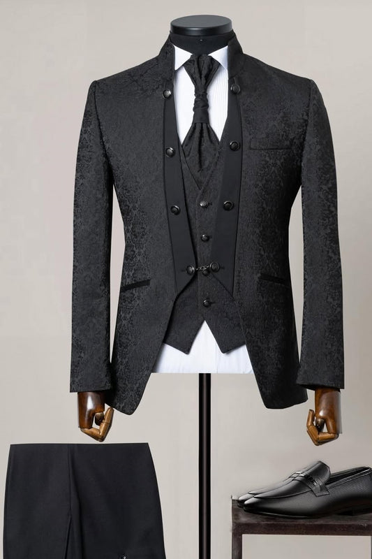 Retro Stand-Collar 3 Piece Black Jacquard Men's Wedding Suit