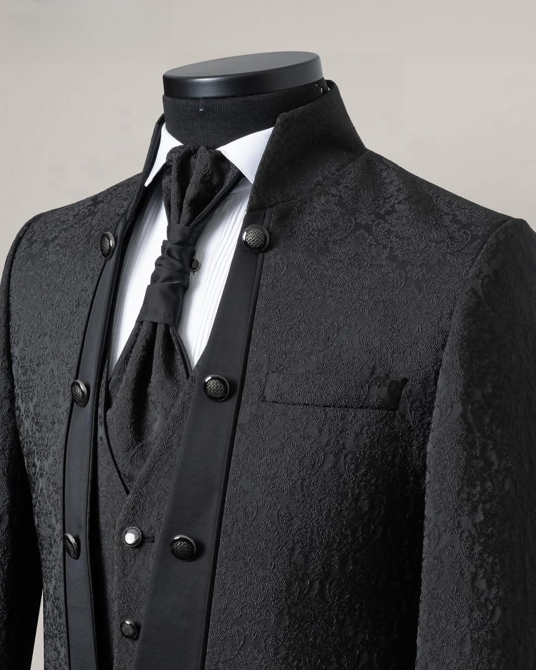 Retro Stand-Collar 3 Piece Black Jacquard Men's Wedding Suit