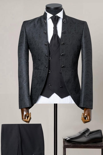 Full Buttons 3 Piece Black Jacquard Men's Wedding Tuxedo