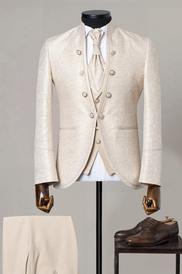 Retro 3 Piece Champagne Jacquard Men's Wedding Tuxedo