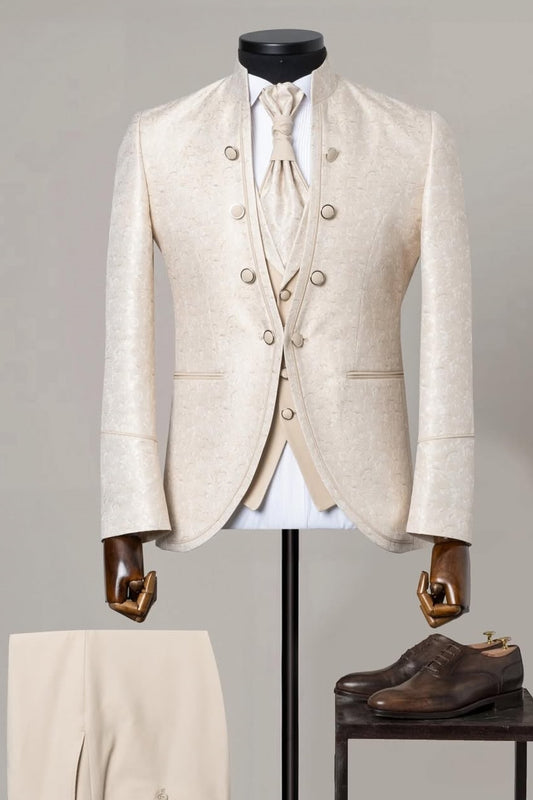 Retro 3 Piece Champagne Jacquard Men's Wedding Tuxedo