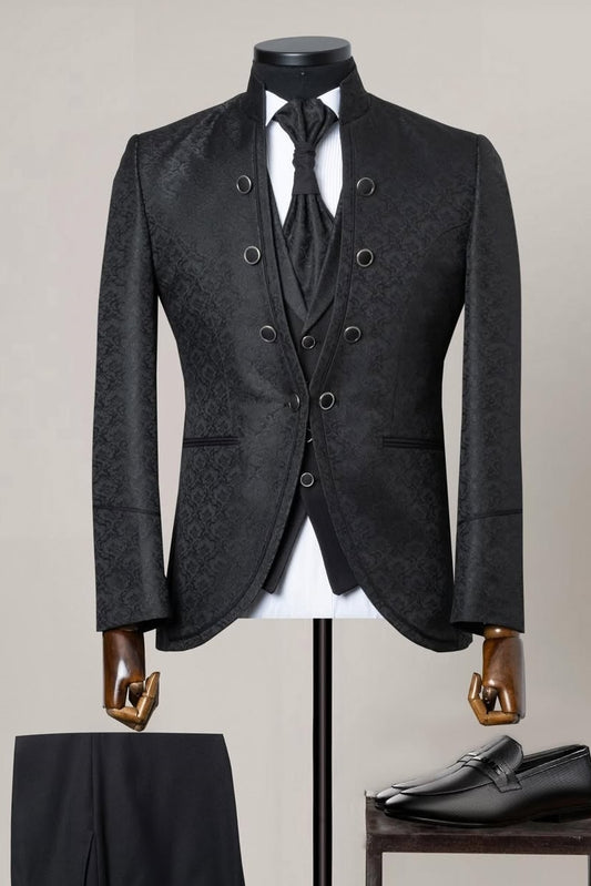 Slim Fit 3 Piece Black Jacquard Wedding Tuxedo with Waistcoat