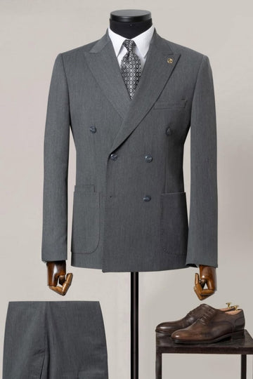 Elegant Double Breasted Patch Pockets Dark Gray Business Suit