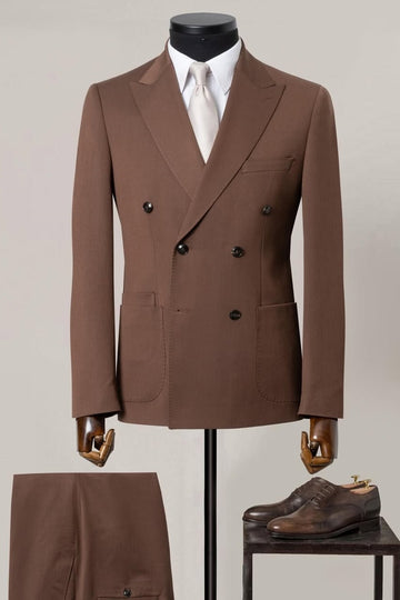 Fashion Double Breasted Patch Pockets Brown Business Suit