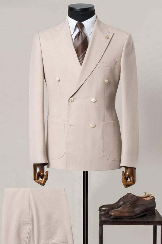 Light Khaki Double Breasted Peak Lapel Business Suit