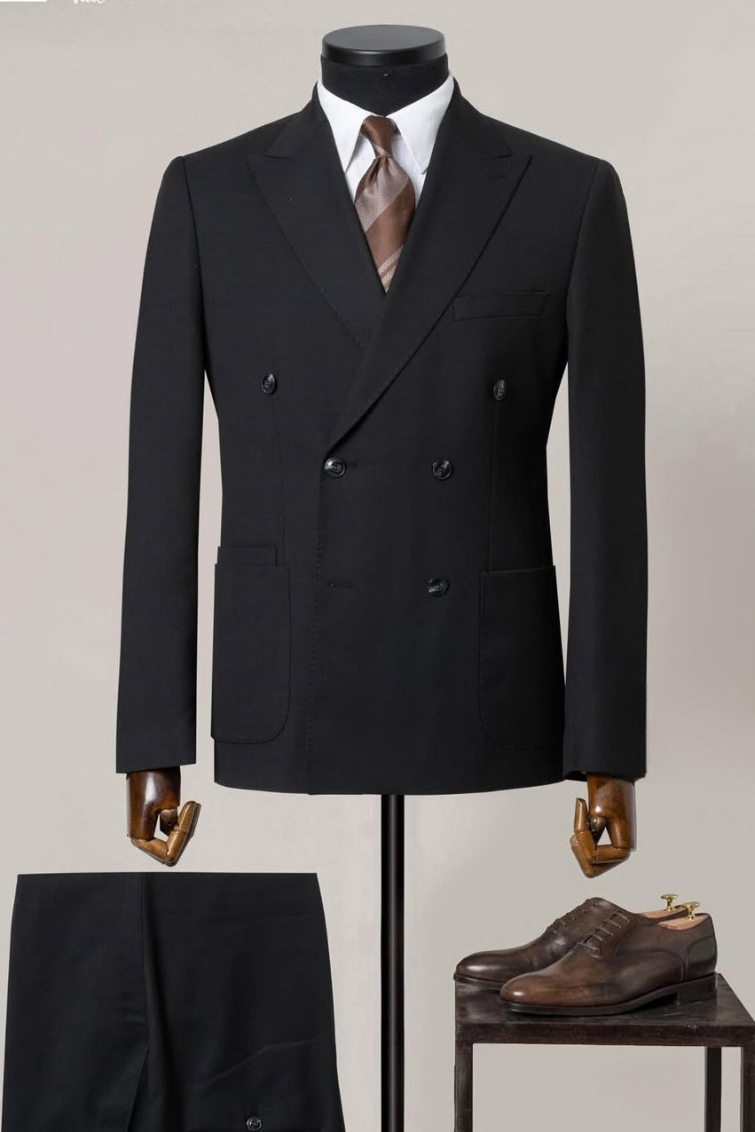 Formal Black Double Breasted Business Suit with Patch Pockets