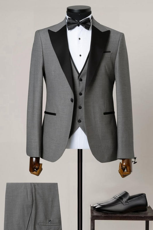 Fashion 3 Piece Gray Men's Wedding Suit with Satin Lapel
