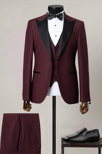 Well-Tailored 3 Piece Burgundy Wedding Suit with Black Lapel