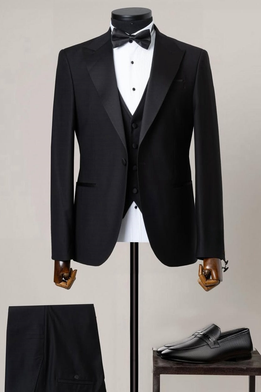 Classic 3 Piece Black Wedding Suit with Satin Lapel