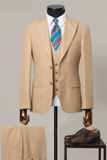 Formal 3 Piece Khaki Business Suit with Peak Lapel