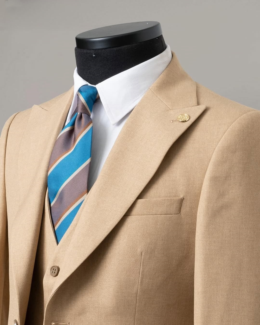 Formal 3 Piece Khaki Business Suit with Peak Lapel