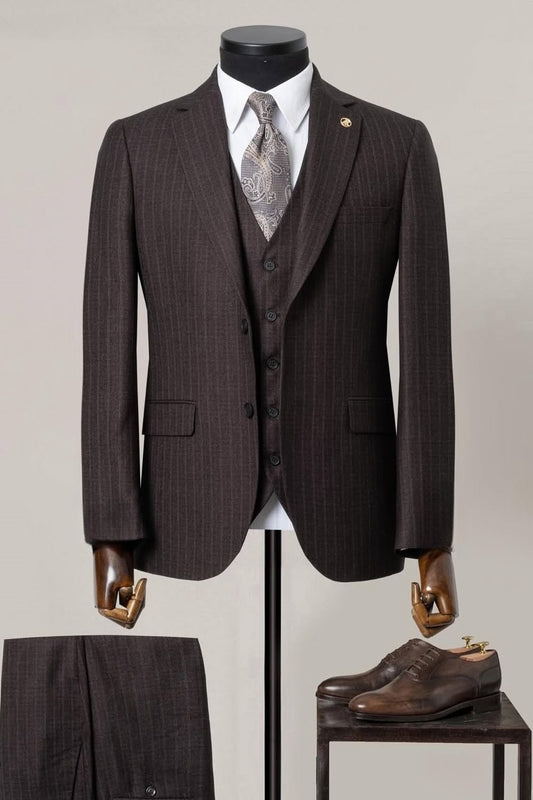 Suave 3 Piece Dark Brown Pinstripe Men's Business Suit