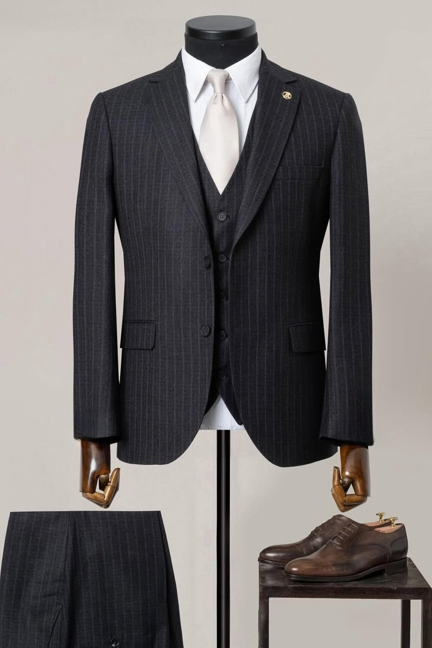 Sharp-looking Black 3 Piece Pinstripe Men's Business Suit