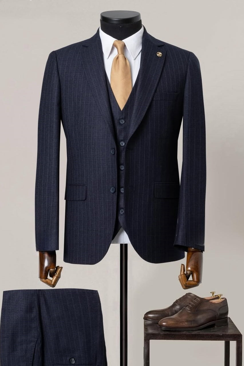 Sleek Dark Navy 3 Piece Pinstripe Men's Business Suit
