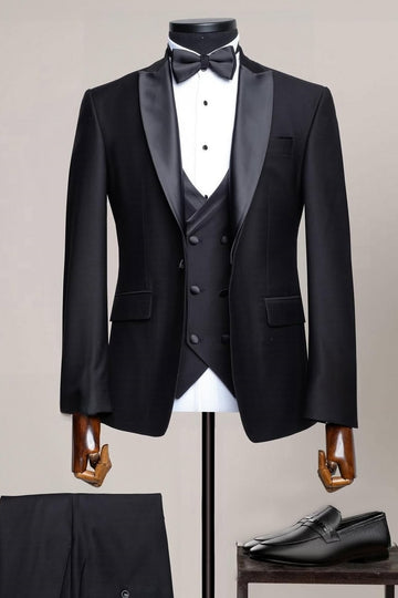 Sophisticated Satin Lapel 3 Piece Black Wedding Groom Suit
