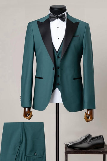 Well-Tailored Black Satin Lapel 3 Piece Teal Green Men's Suit