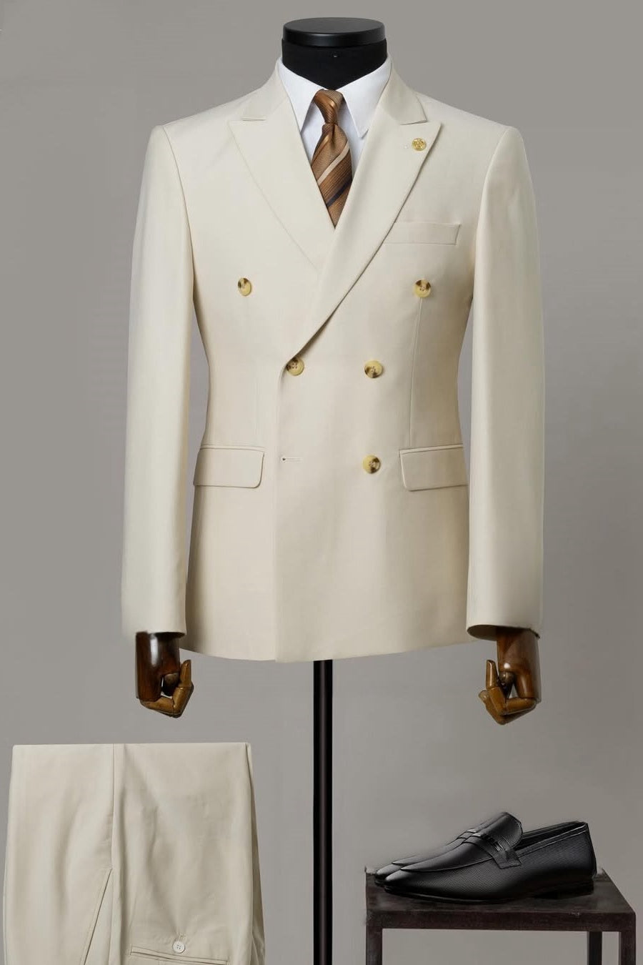 Stylish Champagne Double Breasted Suit with Gold Buttons