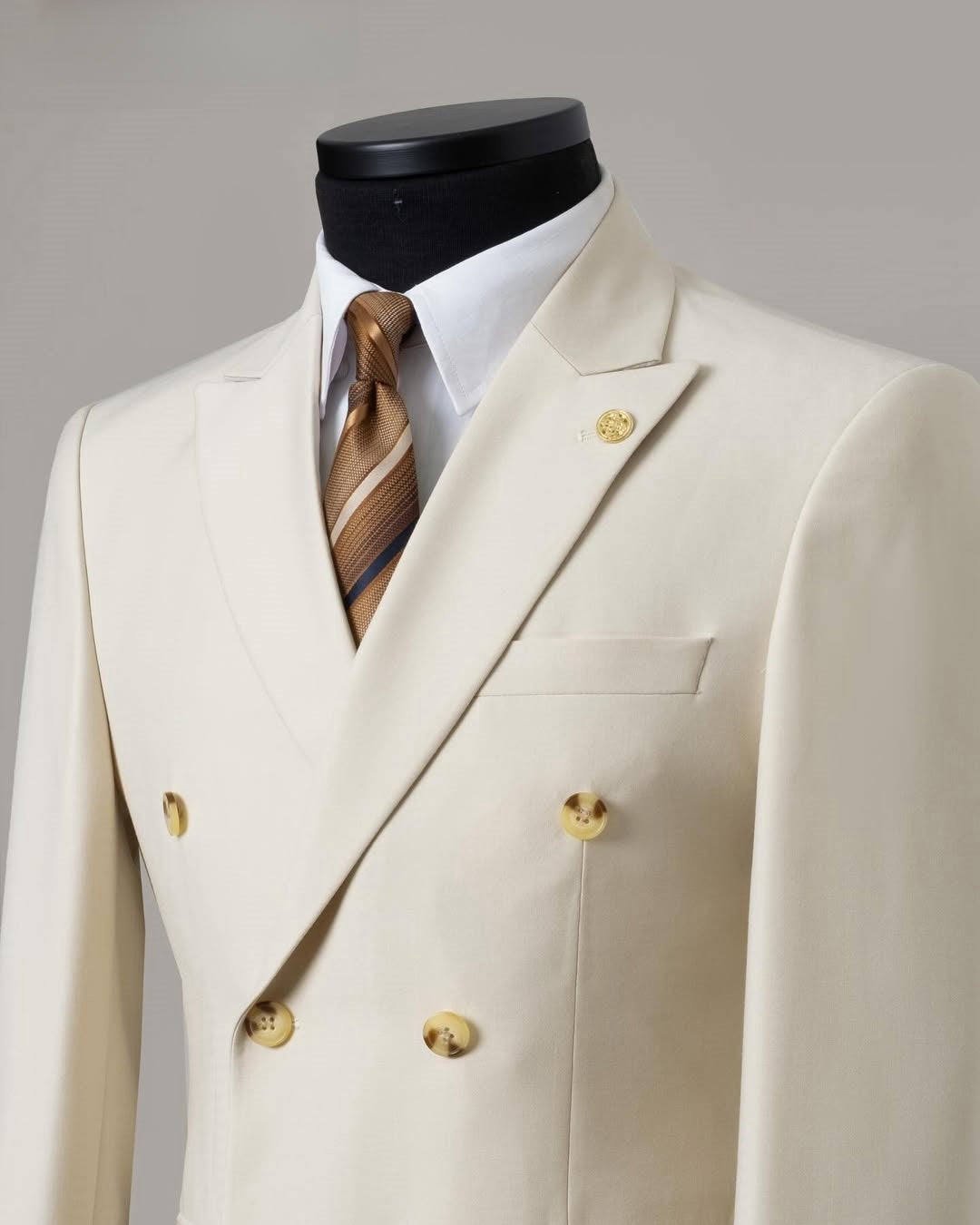 Stylish Champagne Double Breasted Suit with Gold Buttons