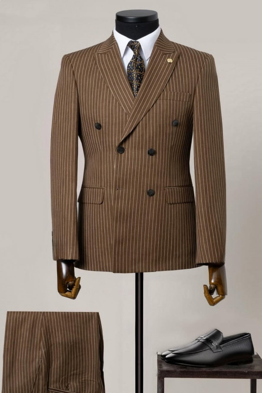 Modern Double Breasted Pinstripe Brown Men's Business Suit
