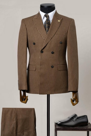 Modern Double Breasted Pinstripe Brown Men's Business Suit