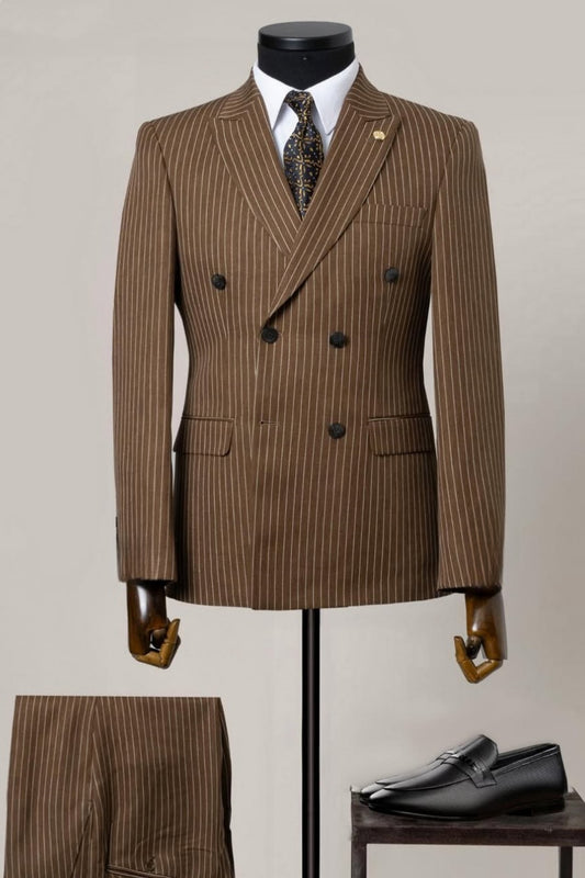 Modern Double Breasted Pinstripe Brown Men's Business Suit